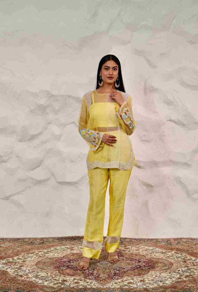 Yellow & Off White 3 pc Indowestern With Organza Kurta