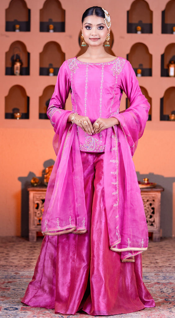 Pink Indowestern with tissue plazo