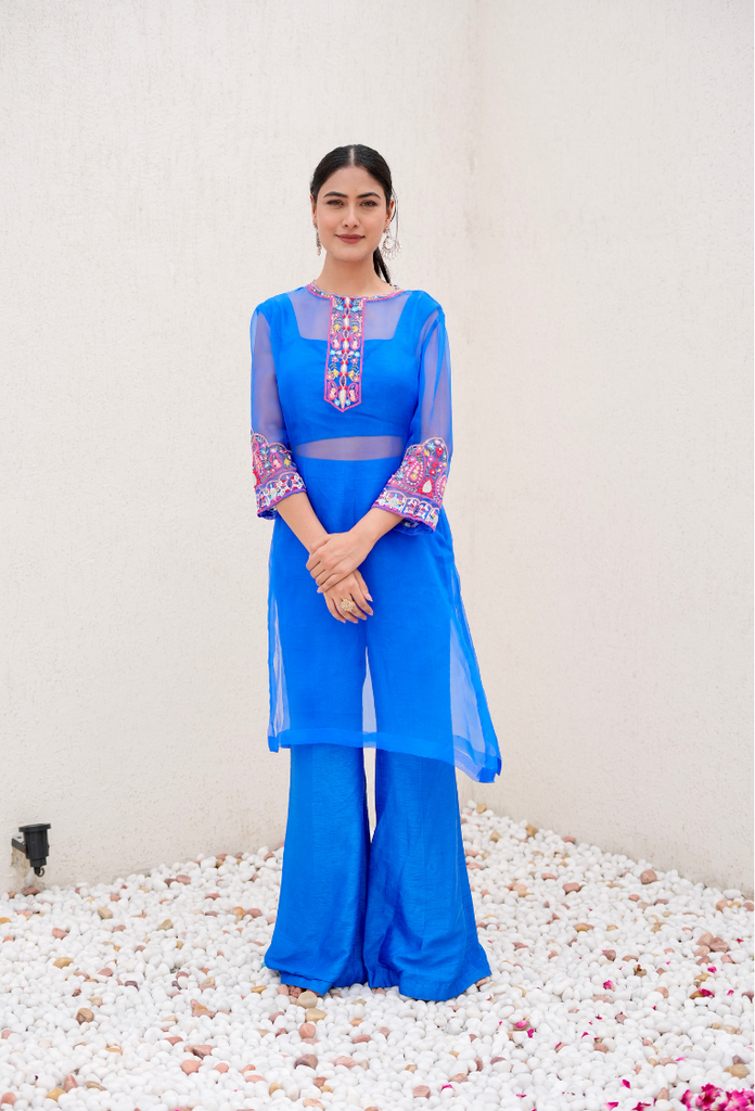 Royal Blue 3 Pc Set With Organza Kurta