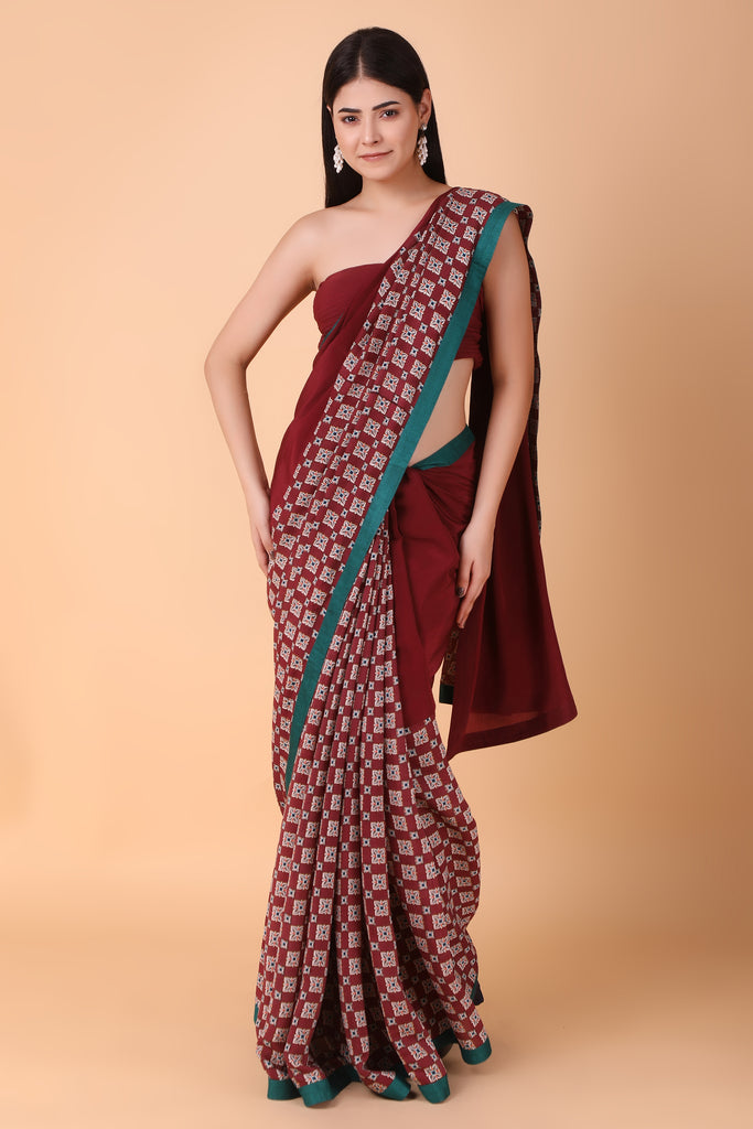 Wine Printed Pintex Blouse Saree