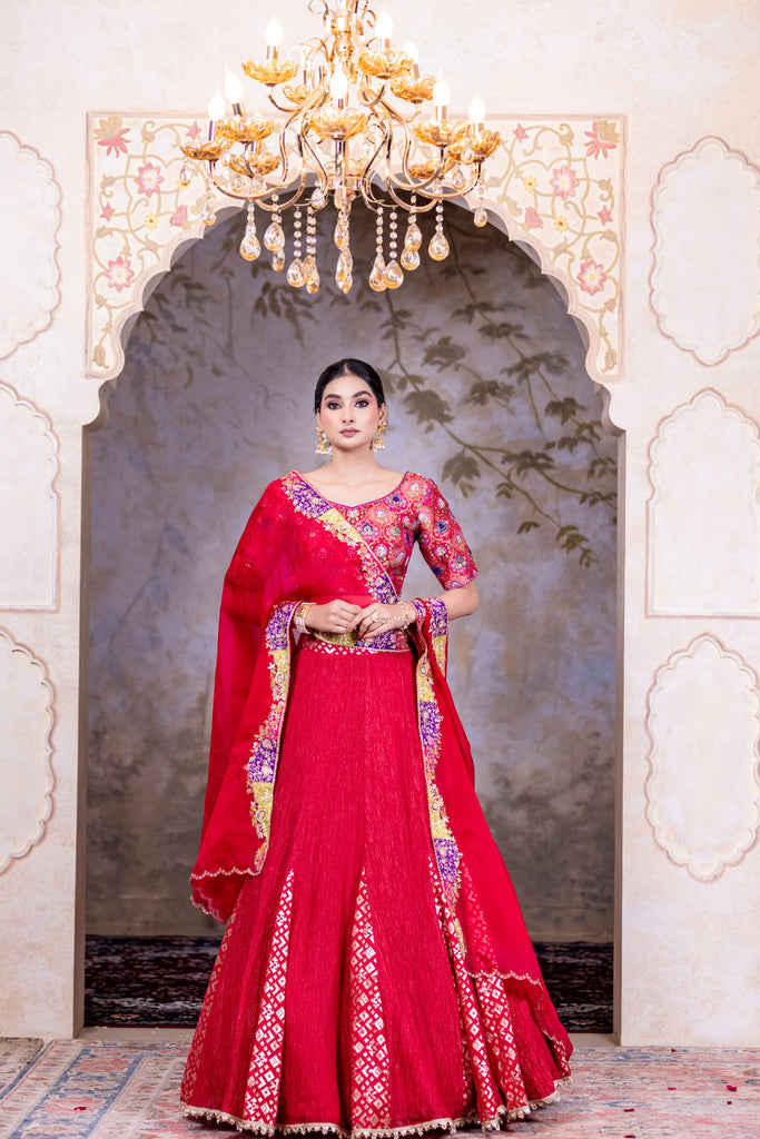 Crushed tissue lehenga  with brocade blouse  and organza  dupatta