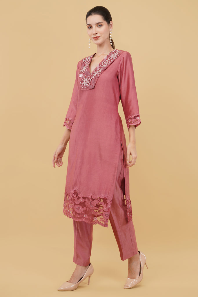 Salmon cutwork straight suit
