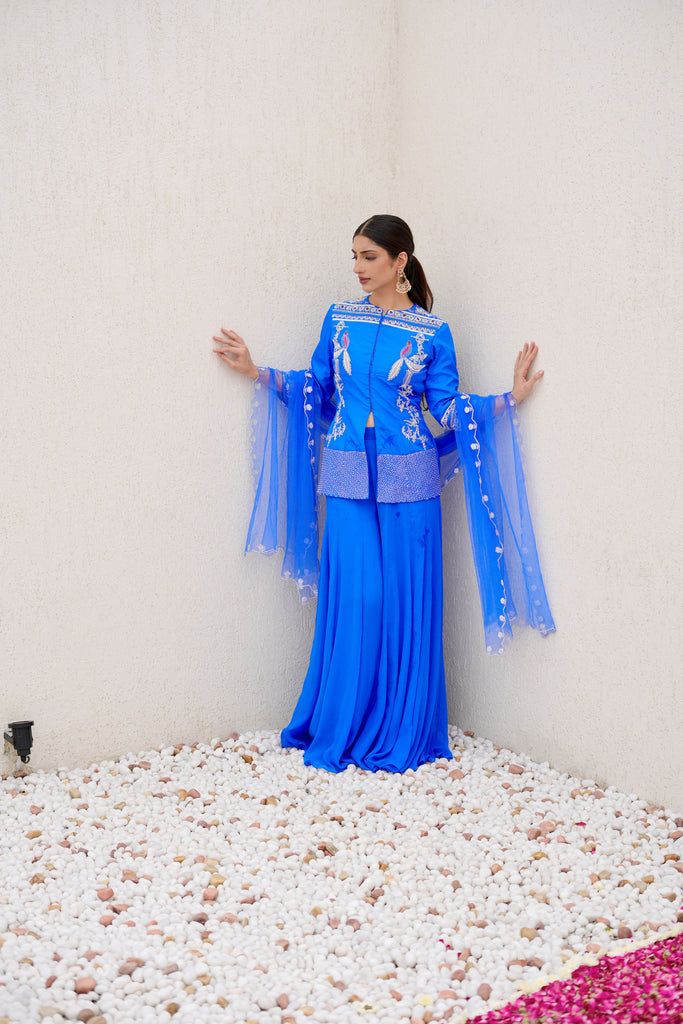 Royal blue heavy embroidered kurta with chiffon flare plazo