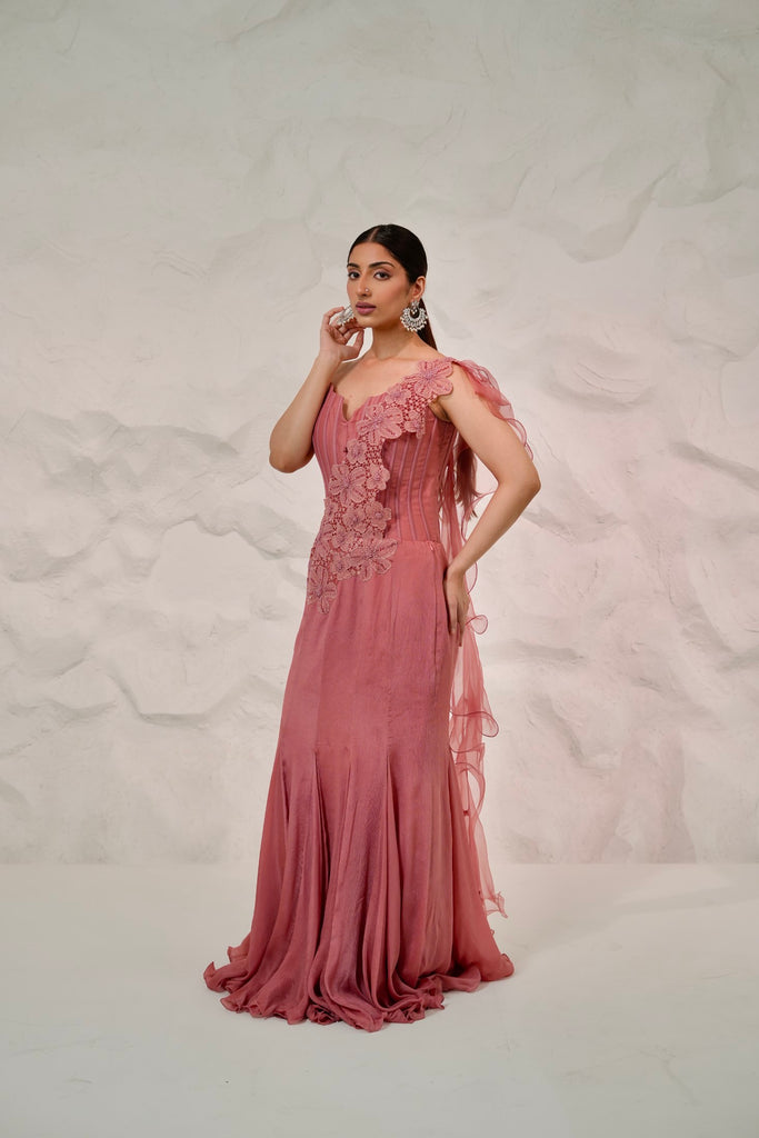 Salmon Corset Drape Saree