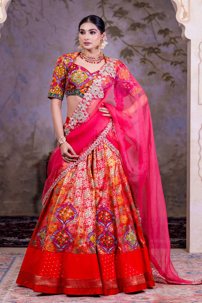 Hot red lehenga with heavy multi colour thread work on blouse and heavy border dupatta