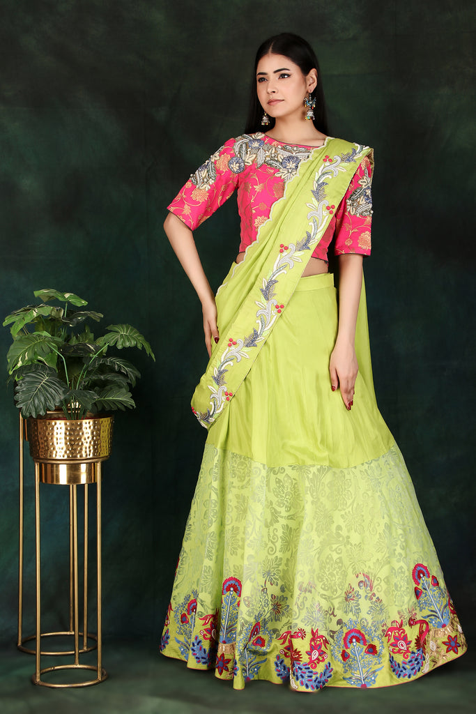 Parrot Green Lehenga Saree With Mejanta Blouse