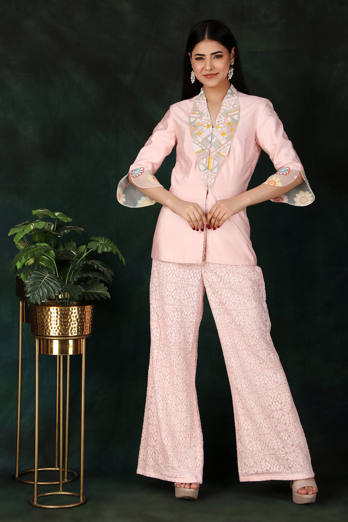 Pink Collar Style Jacket With Plazo Pant