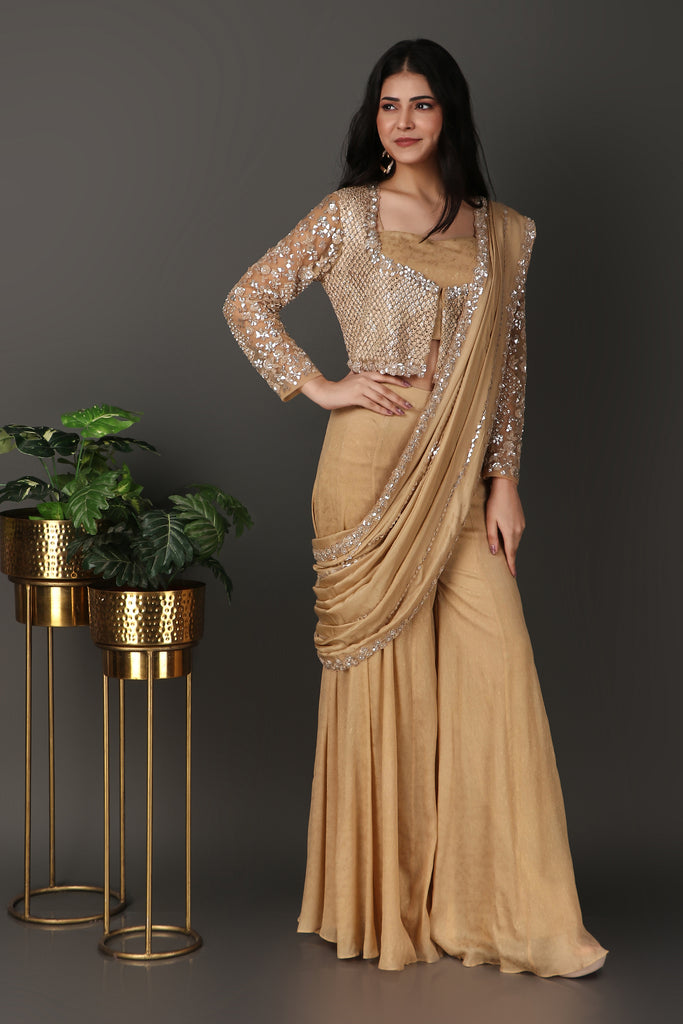 Golden sharara drape saree