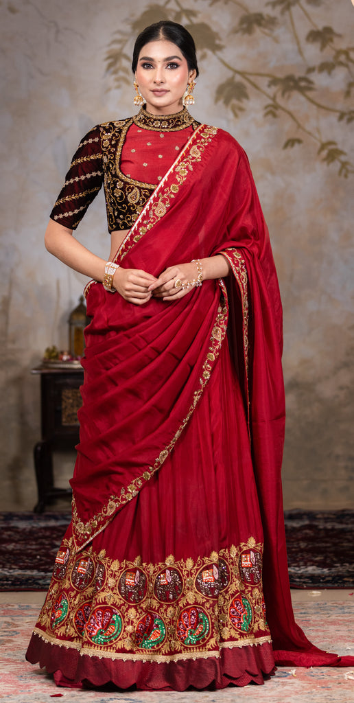 Maroon lehenga saree with velvet blouse , pallu  and  skirt