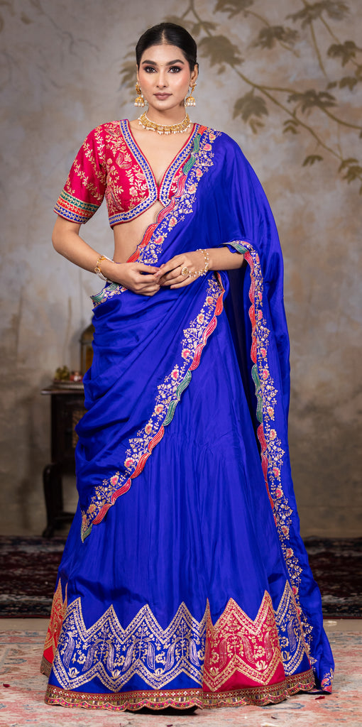 Royal blue lehenga saree with different shade  border on Pallu  with contrast magenta  blouse