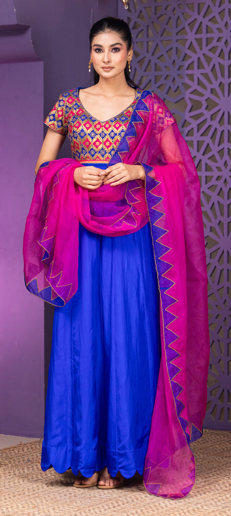 Royal Blue silk pitta work anarkali