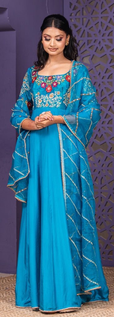 Peacock Blue raw silk anarkali