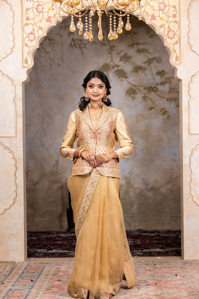 Beige noramal beautiful border organza  saree with brocade jacket